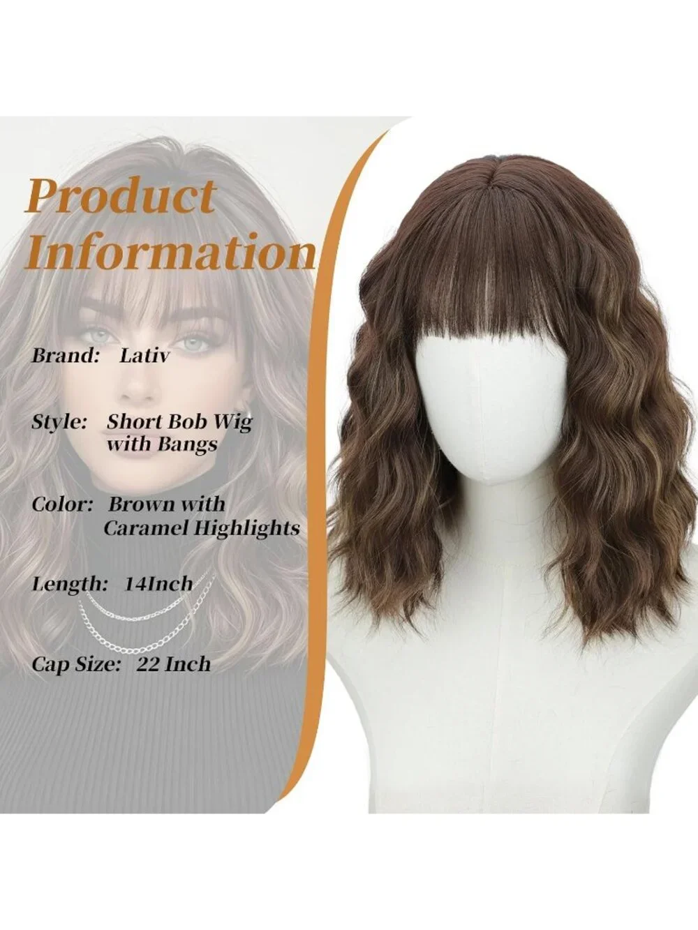 Women's Caramel Brown 14 Inch Heat Resistant Synthetic Fiber Shoulder Length Wig